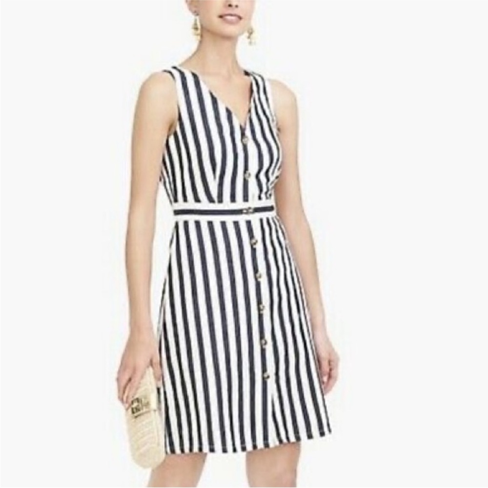 J. Crew Navy and White Sleeveless V-Neck Button Down Mini Dress